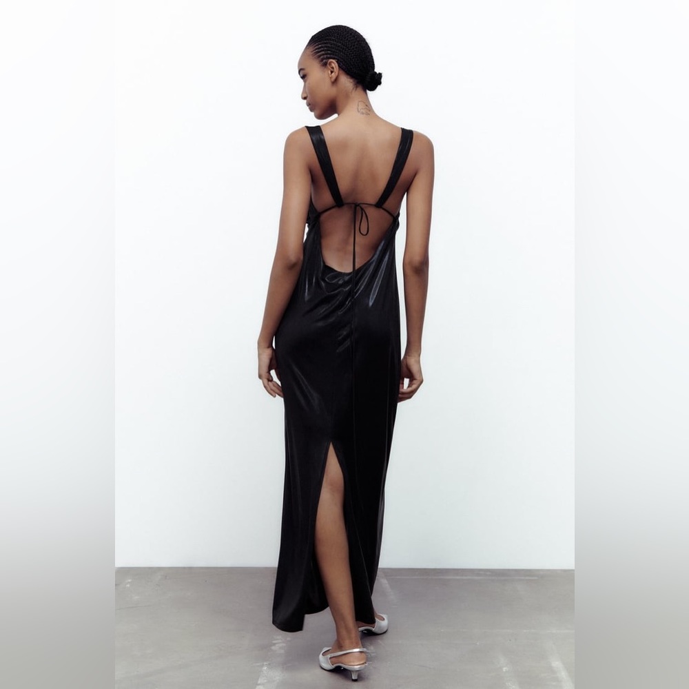 Zara NWT Long Ruched Dress in Black Metallic Maxi Open Back Size M Medium New - Picture 3 of 10